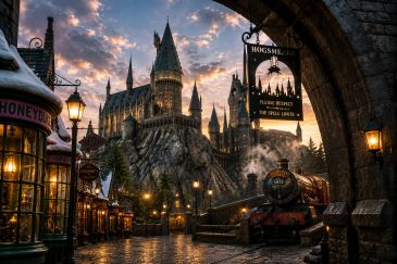 Hogwarts castle at sunset with Hogsmeade village and Hogwarts Express train.
