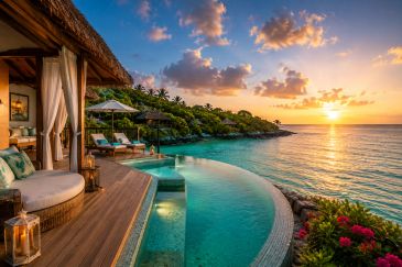 Luxury beachside villa with infinity pool at sunset.