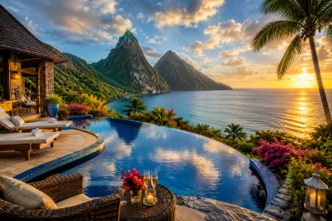 Luxury infinity pool overlooking tropical mountains and ocean at sunset.