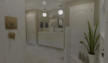 Modern bathroom with dual sinks and a glass shower door.