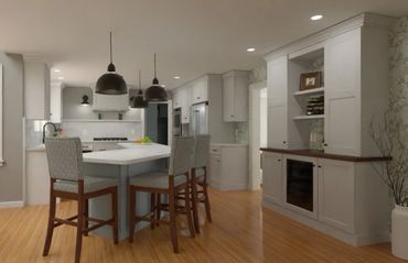 Modern kitchen with white cabinetry, wooden floors, and a central island with chairs.