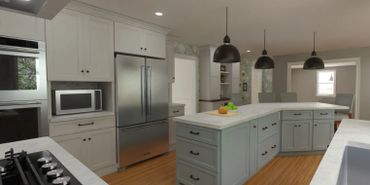 Modern kitchen with gray cabinets, stainless steel appliances, and a large island with pendant lights.