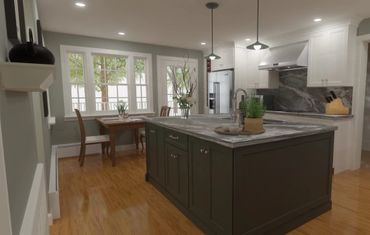 Modern kitchen with a large island and wooden dining table by windows.