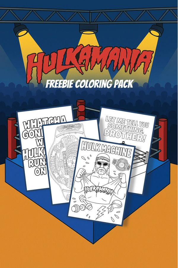 Hulkamania Freebie Coloring Pack with a WWE backdrop for Hulk Hogan Tribute