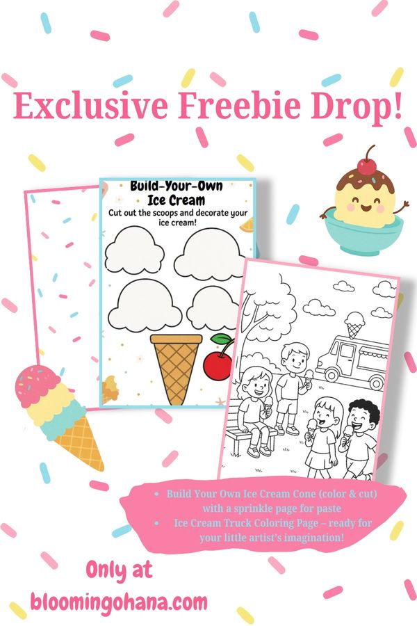 Ice cream-themed printable pack with cut & paste cone and truck coloring page mockup.