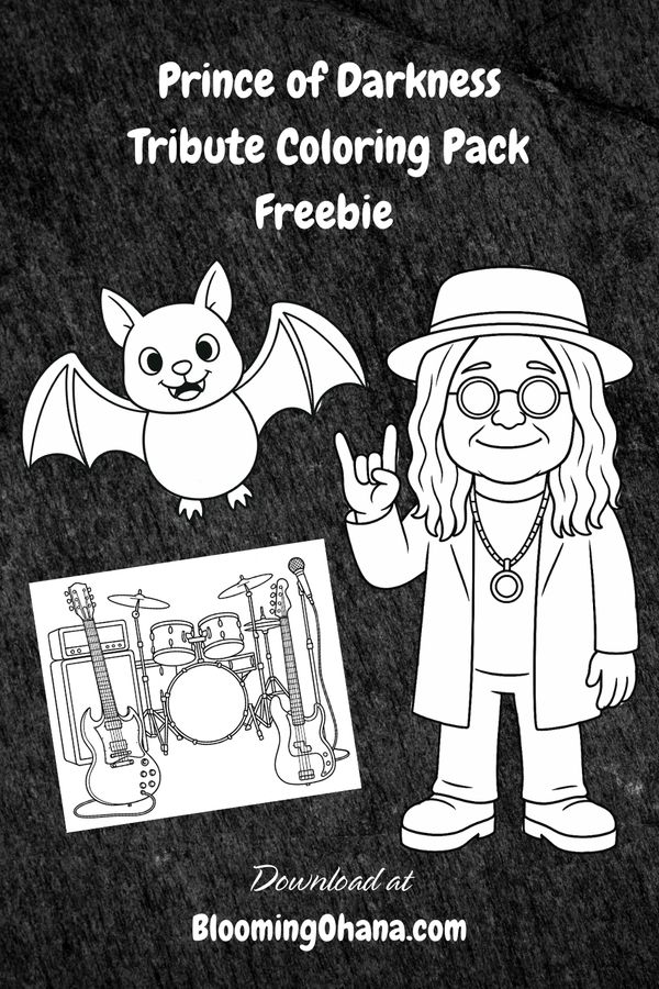 Mockup of a freebie coloring pack of the king of darkness, ozzy osbourne, including bats and guitars