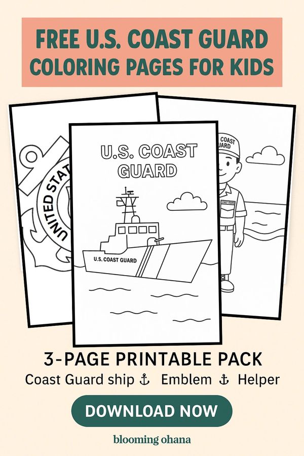 Free U.S. Coast Guard 3-page kids coloring pack with ship, emblem, and helper illustrations.