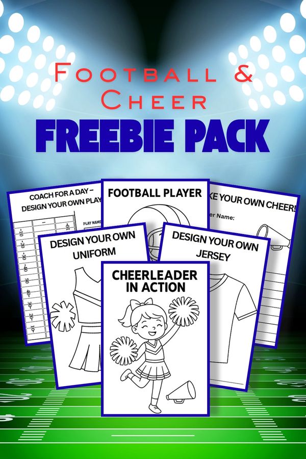 "Football & Cheer Freebie Pack graphic featuring printable activity sheets.