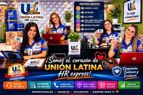 Equipo sonriente de Unión Latina HR express mostrando servicios y promociones.