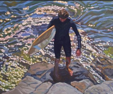 Kevin A Short oil on canvas of Orange County Lifeguard L. Short on the Doheny Jetty