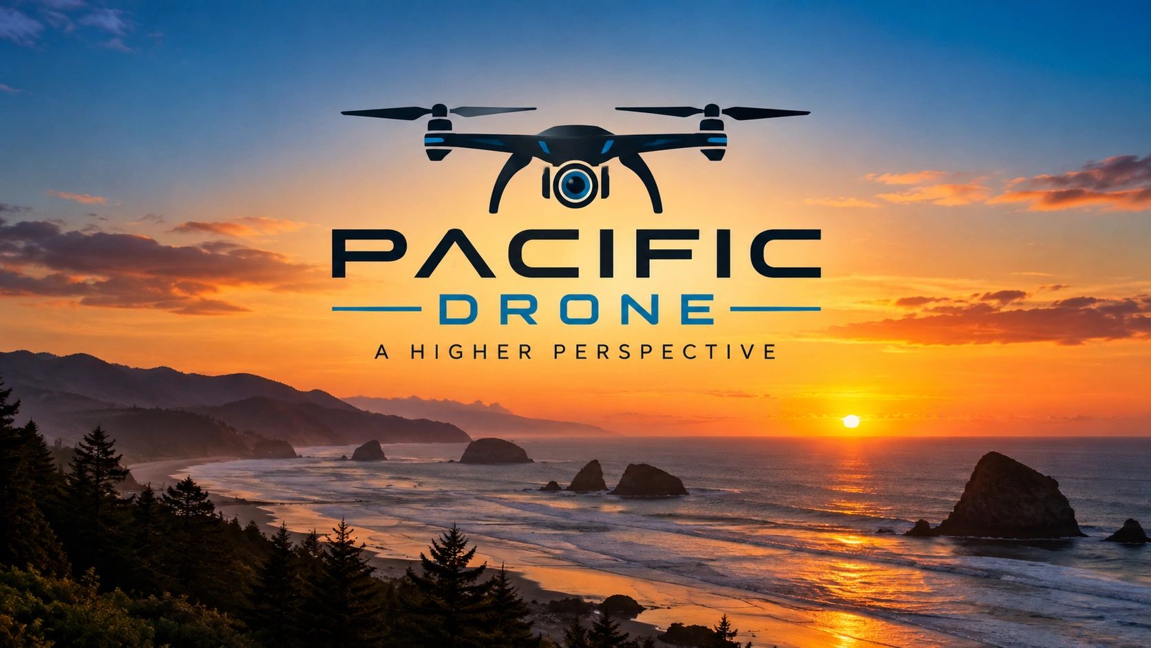Sunset beach with Pacific Drone logo and tagline.