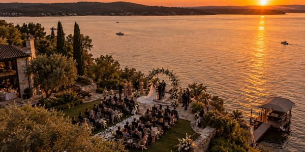 Wedding overlook water lake drone image