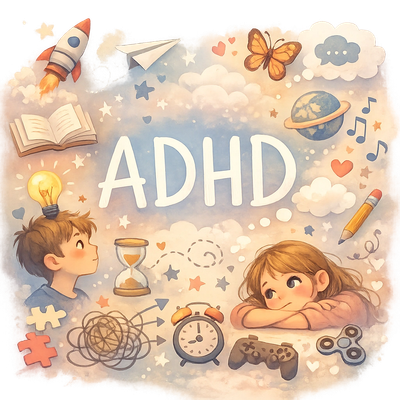 Whimsical illustration representing ADHD with curious children and playful elements.