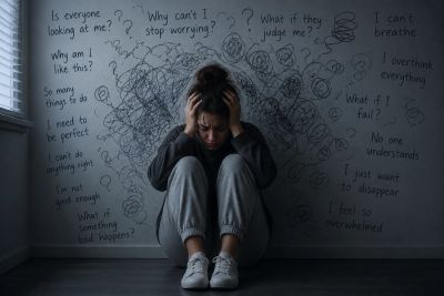 A woman overwhelmed by anxiety and negative thoughts, sitting with her head in her hands.