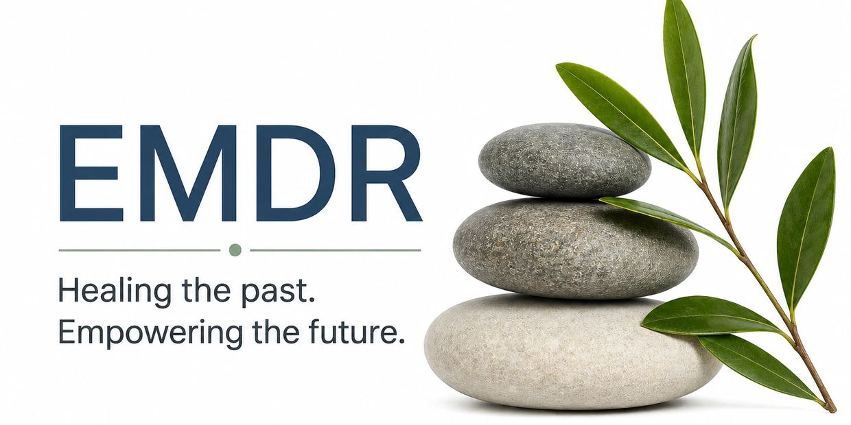 EMDR therapy promotes healing and empowerment with calming stones and leaves.