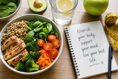 Healthy meal bowl with grilled chicken, veggies, and motivational note on wellness.