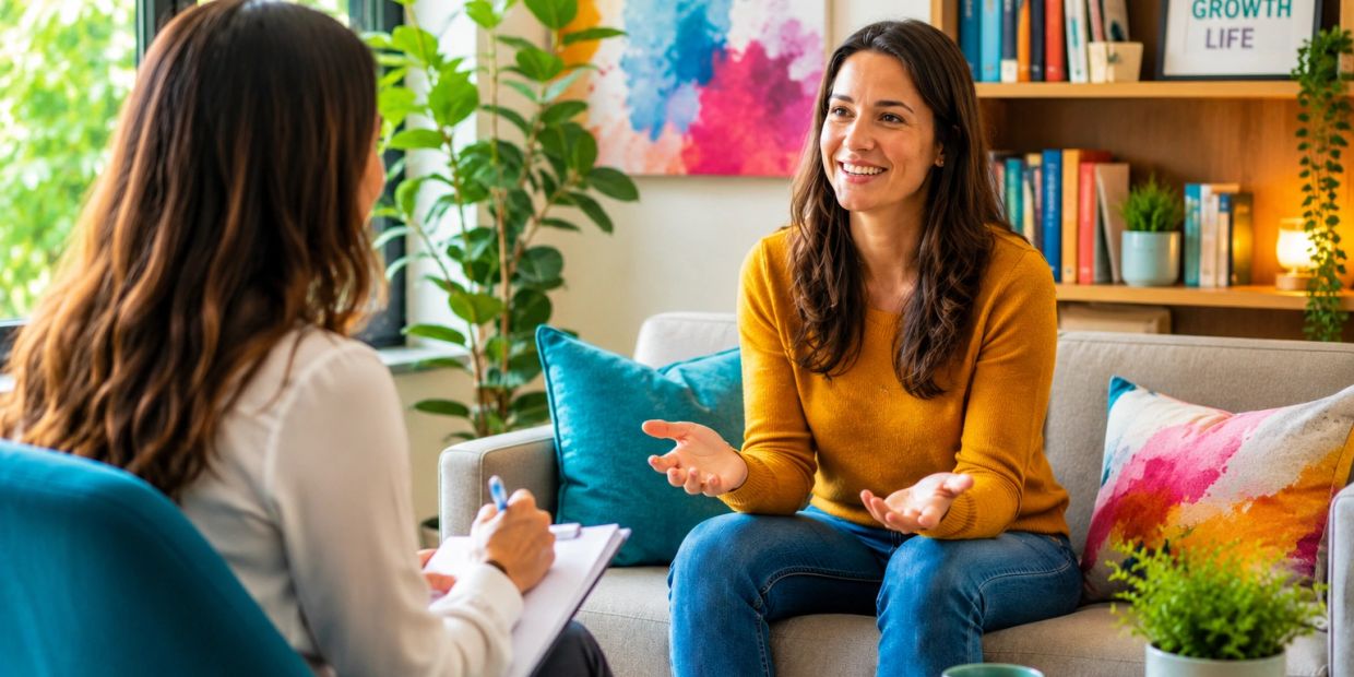 A woman happily talking to a therapist in a cozy room.