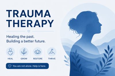 Illustration promoting trauma therapy with a serene blue silhouette and healing icons.