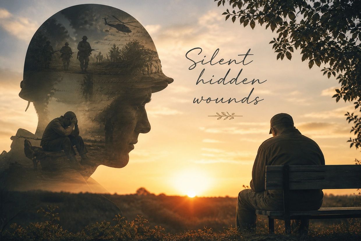 A soldier reflects on hidden war wounds at sunset.
