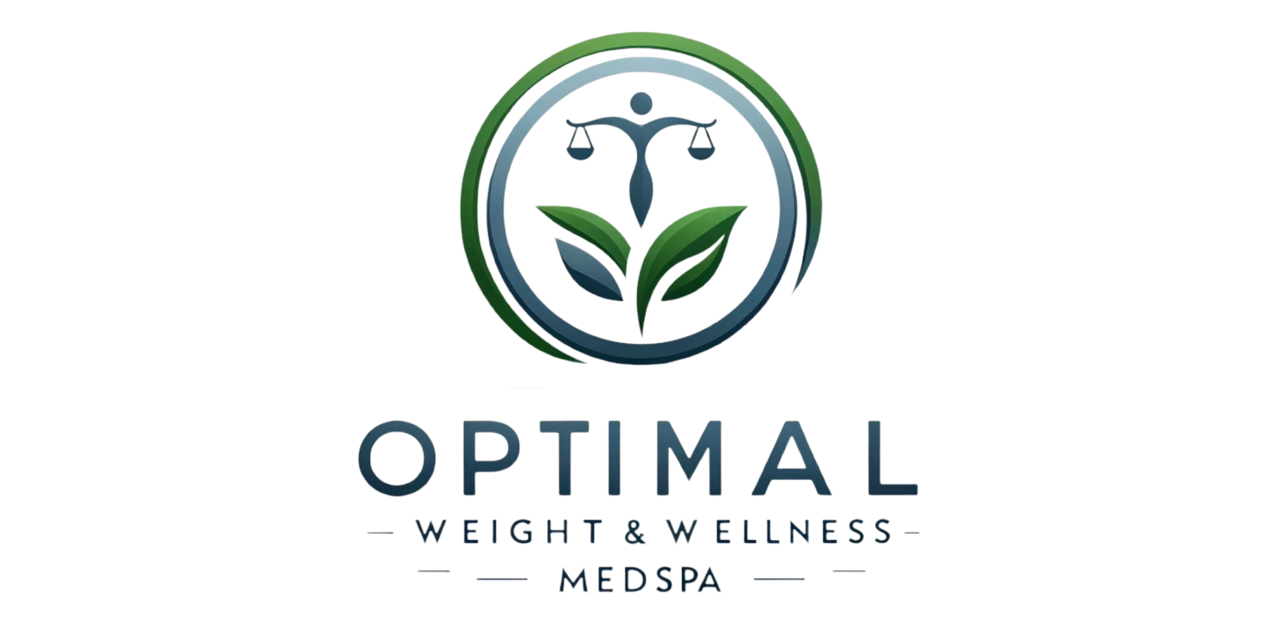 Optimal Weight & Wellness Logo is in shades of blue & green & is showing a human in perfect balance.