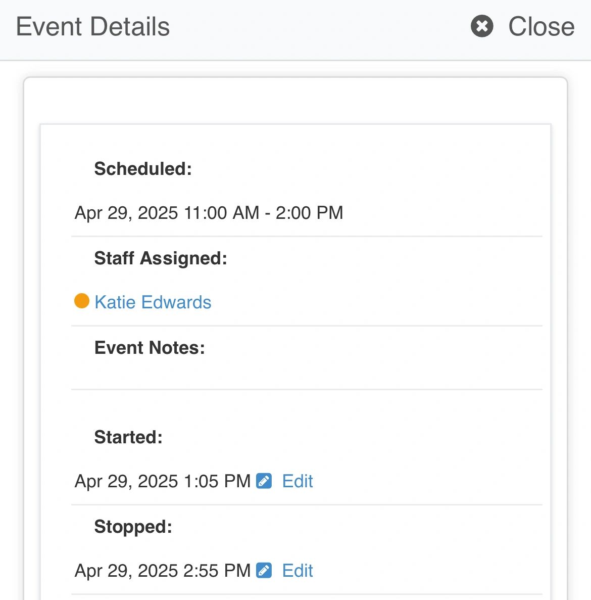 Service reports show start and end times of your service.