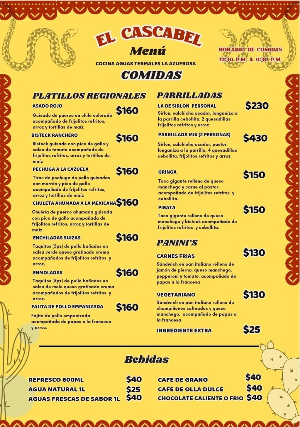 Menu from El Cascabel offering regional dishes, grilled platters, paninis, and beverages with prices.