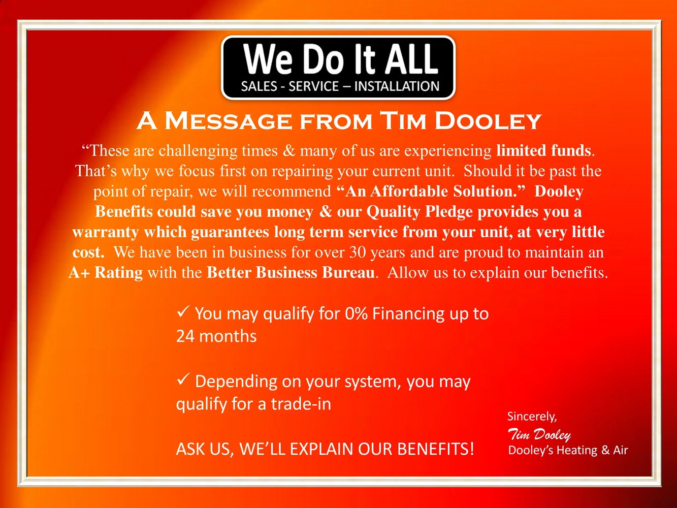 Heating and air affordable. 0% financing, ac repair near me