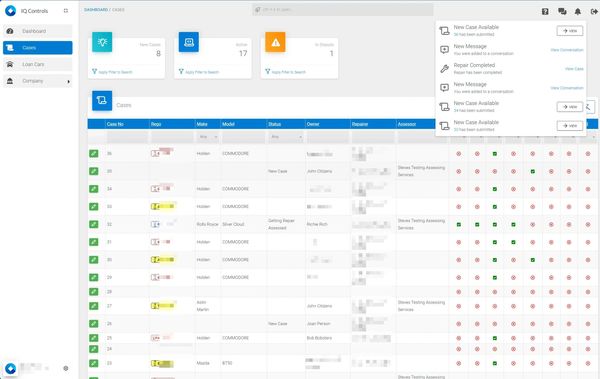 Image of the Dashboard of the IQ Fleet automotive accident and repair management solution with cases