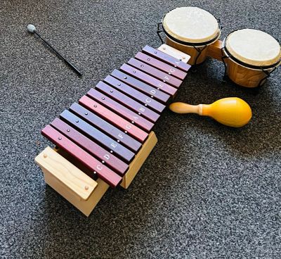 A xylophone, two bongos, and a maraca on carpet.