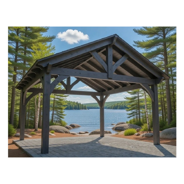 Wooden black ash Pavilion by a serene lakeside surrounded by trees and rocks.
