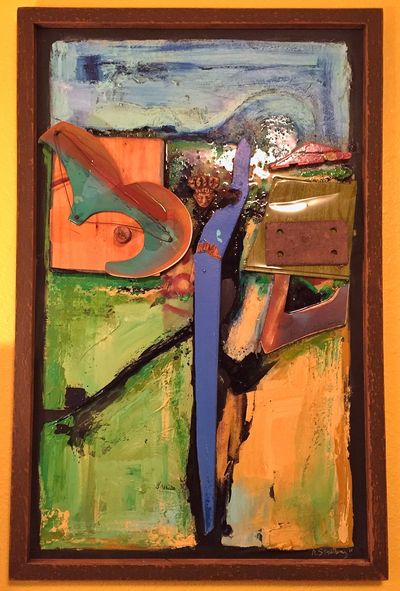 abstract, found objects, green, purple, metal, wood, wire
