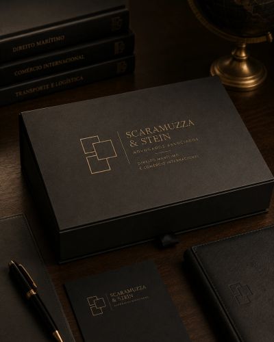 Conjunto elegante de escritório com identidade visual sofisticada.