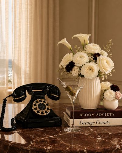 Vintage phone, flowers, and martini on marble table.