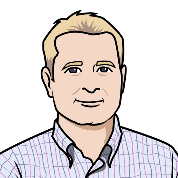 Illustration of a blond man in a checkered shirt.