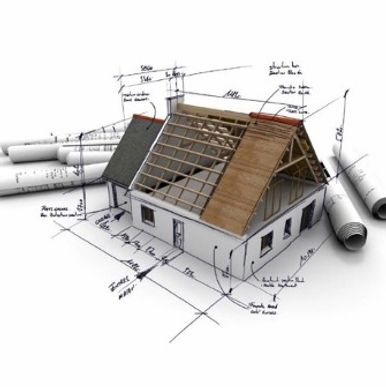 3D architectural house model with construction notes and rolled blueprints.