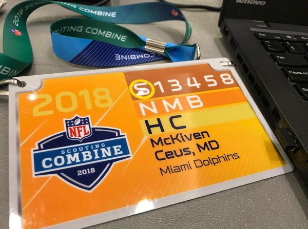 2018 NFL Combine identification placard of Orthopedic Dr. McKirven Ceus, MD