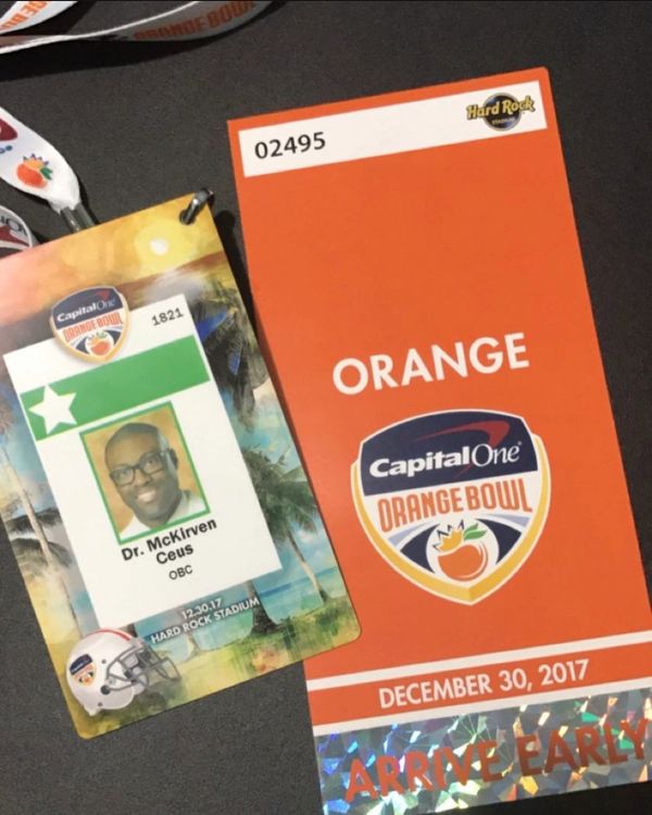 December 30th, 2017 Orange Bowl ID and Ticket belonging to Dr. McKirven Ceus, M.D.