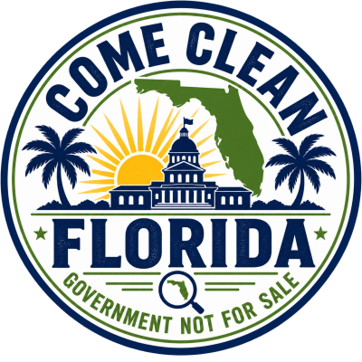 Come Clean Florida government logo with state map and palm trees.
