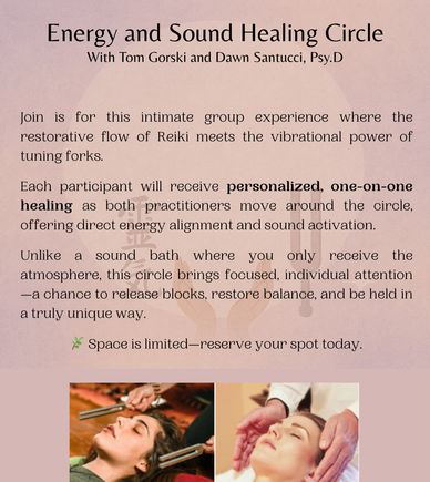 Flyer for Energy and Sound Healing Circle with personalized Reiki and tuning fork therapy.