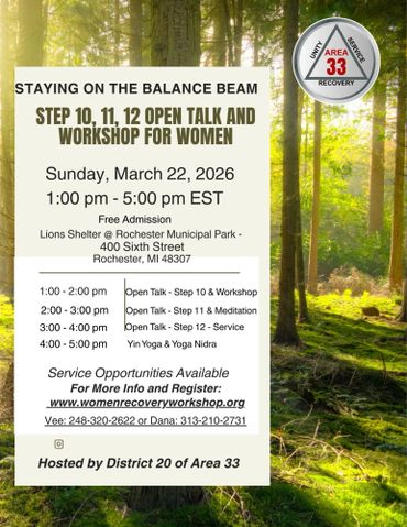 Workshop for women on steps 10-12, open talk and yoga, March 22, 2026, Rochester, MI.