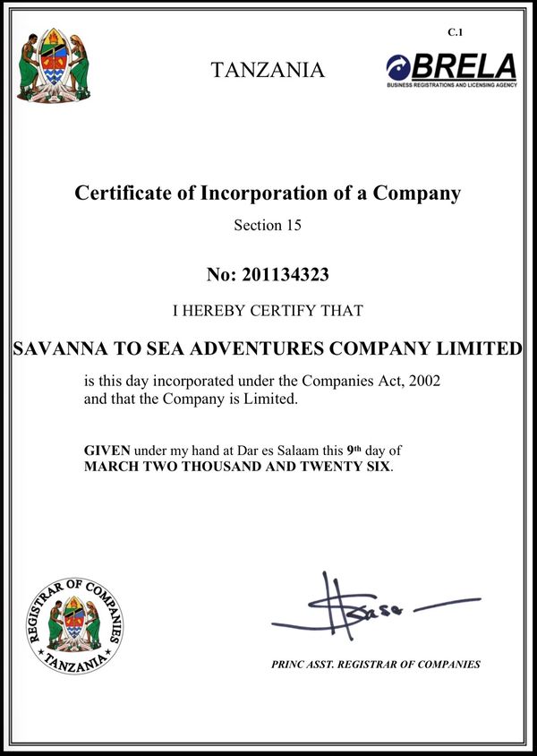 Certificate of incorporation for Savanna to Sea Adventures Company Limited in Tanzania.