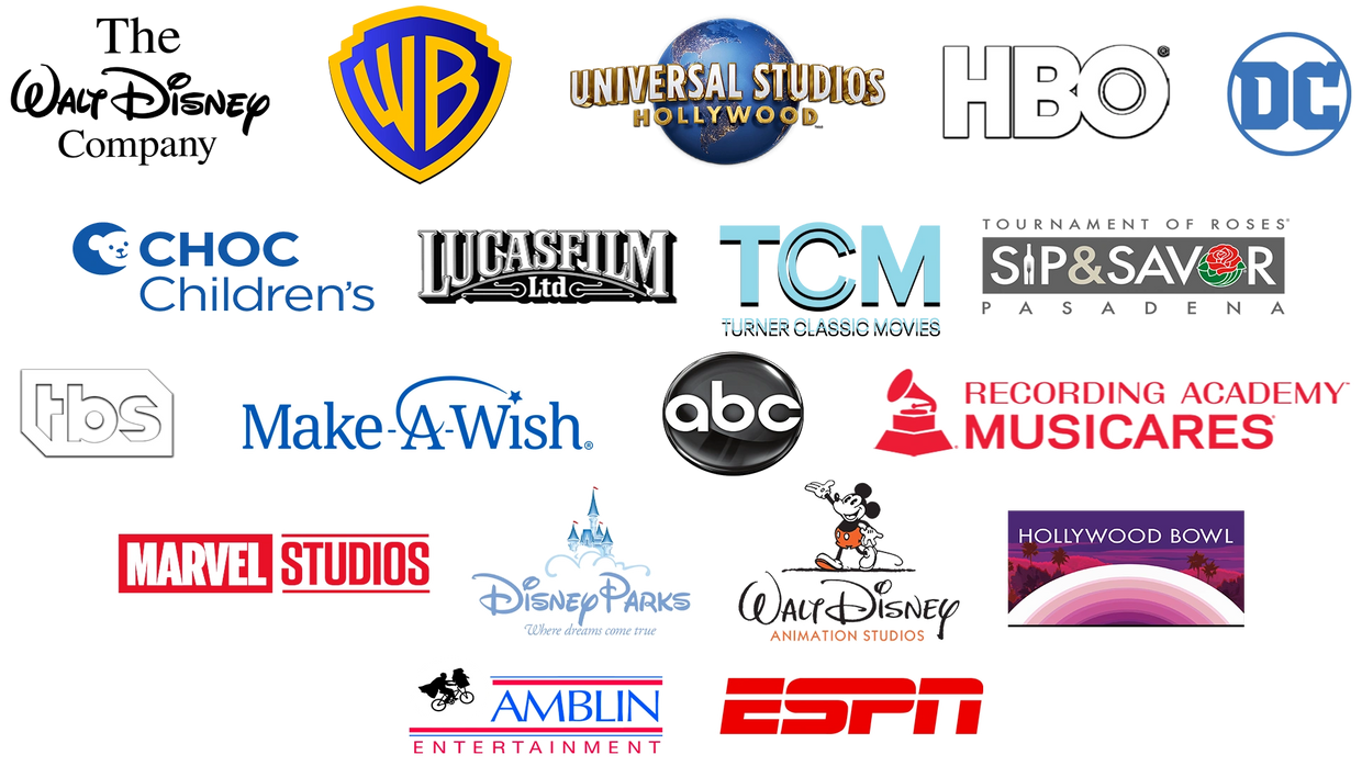 Collage of entertainment and media logos from Disney, Warner Bros, HBO, Marvel, and more.