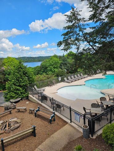 the veiw of the pool and lake