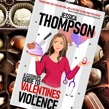 Cozy mystery book cover on a box of chocolates
