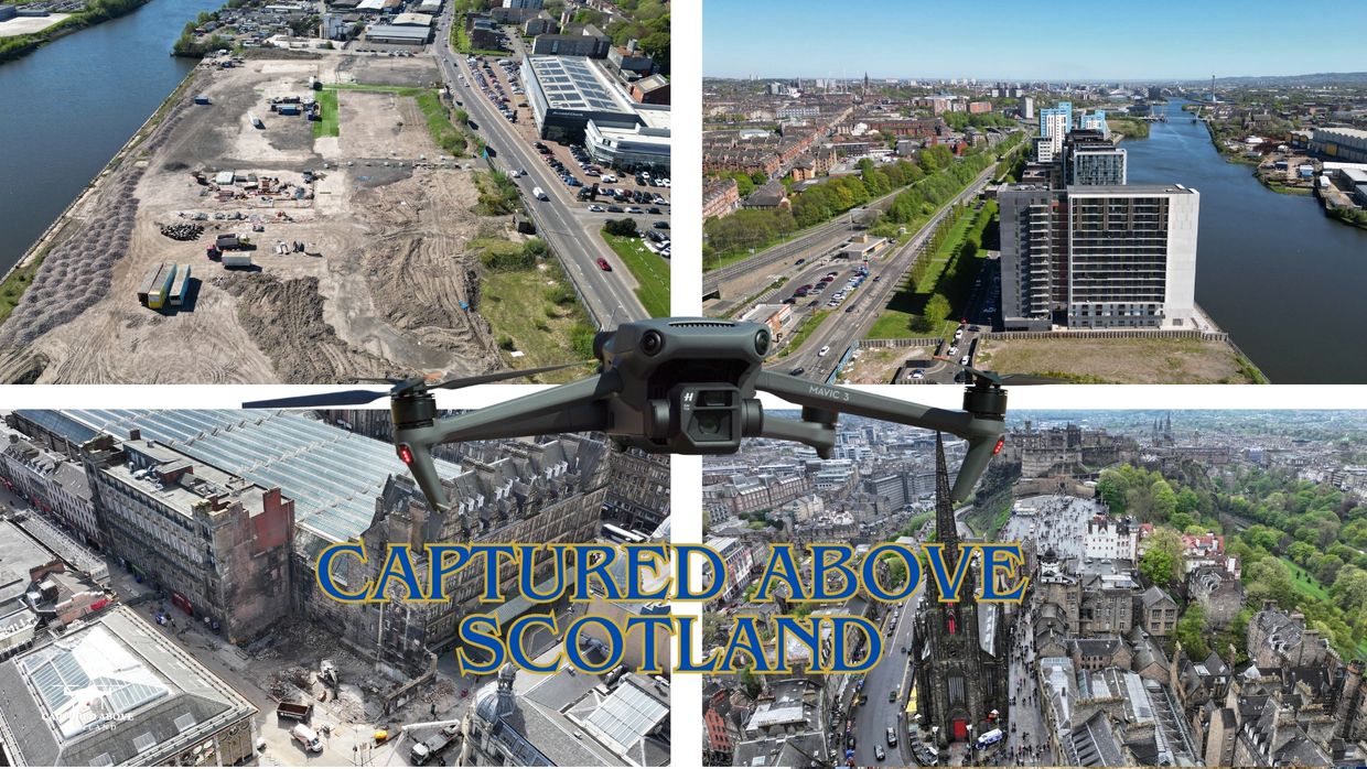 Drone captures diverse aerial views of Scotland's urban and riverside landscapes.