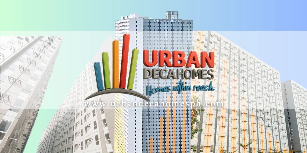 Logo of Urban Deca Homes with high-rise buildings background.