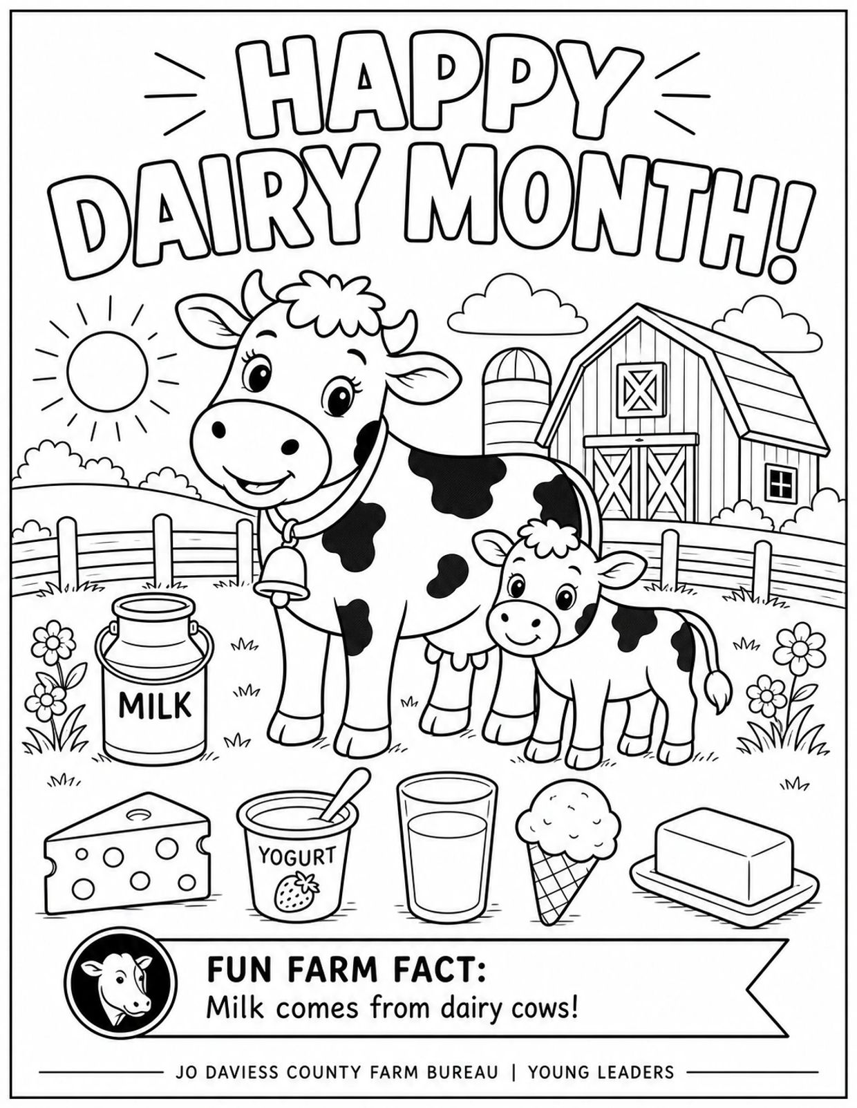 Black and white coloring page celebrating Dairy Month with cows and dairy products.