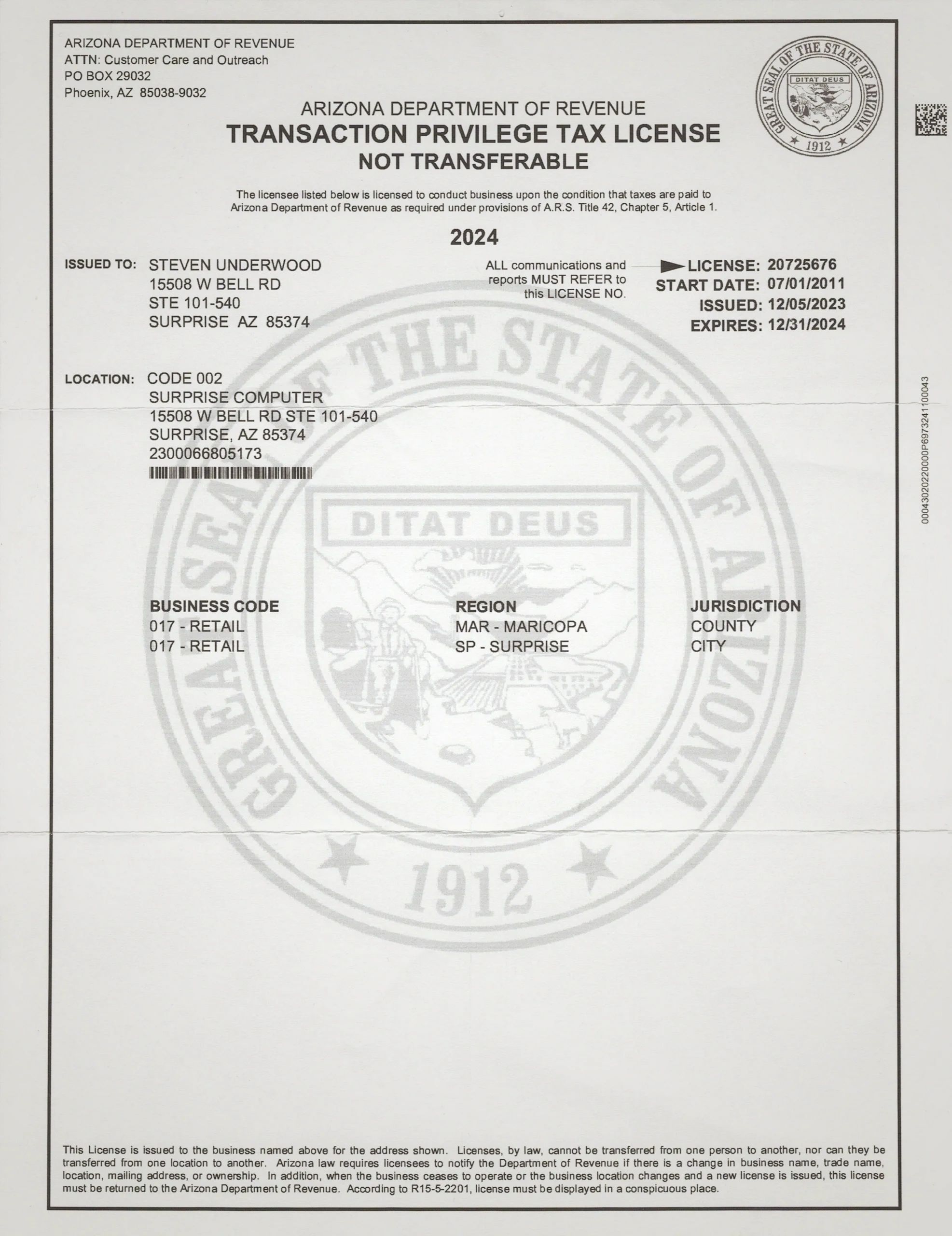 Our 2024 State of Arizona Business License