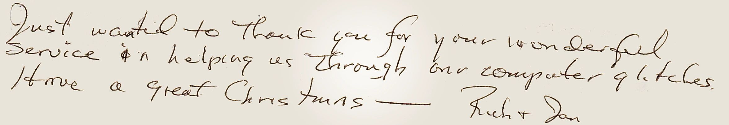 Nice handwritten note from client thanking Steve Underwood for wonderful service and help.