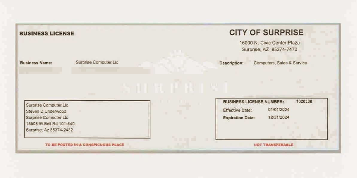 Our City of Surprise Business License for 2024.